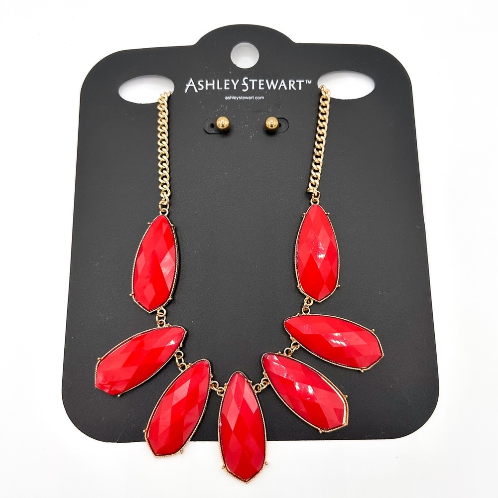 Ashley Stewart Red & Gold Necklace with Stud Earrings